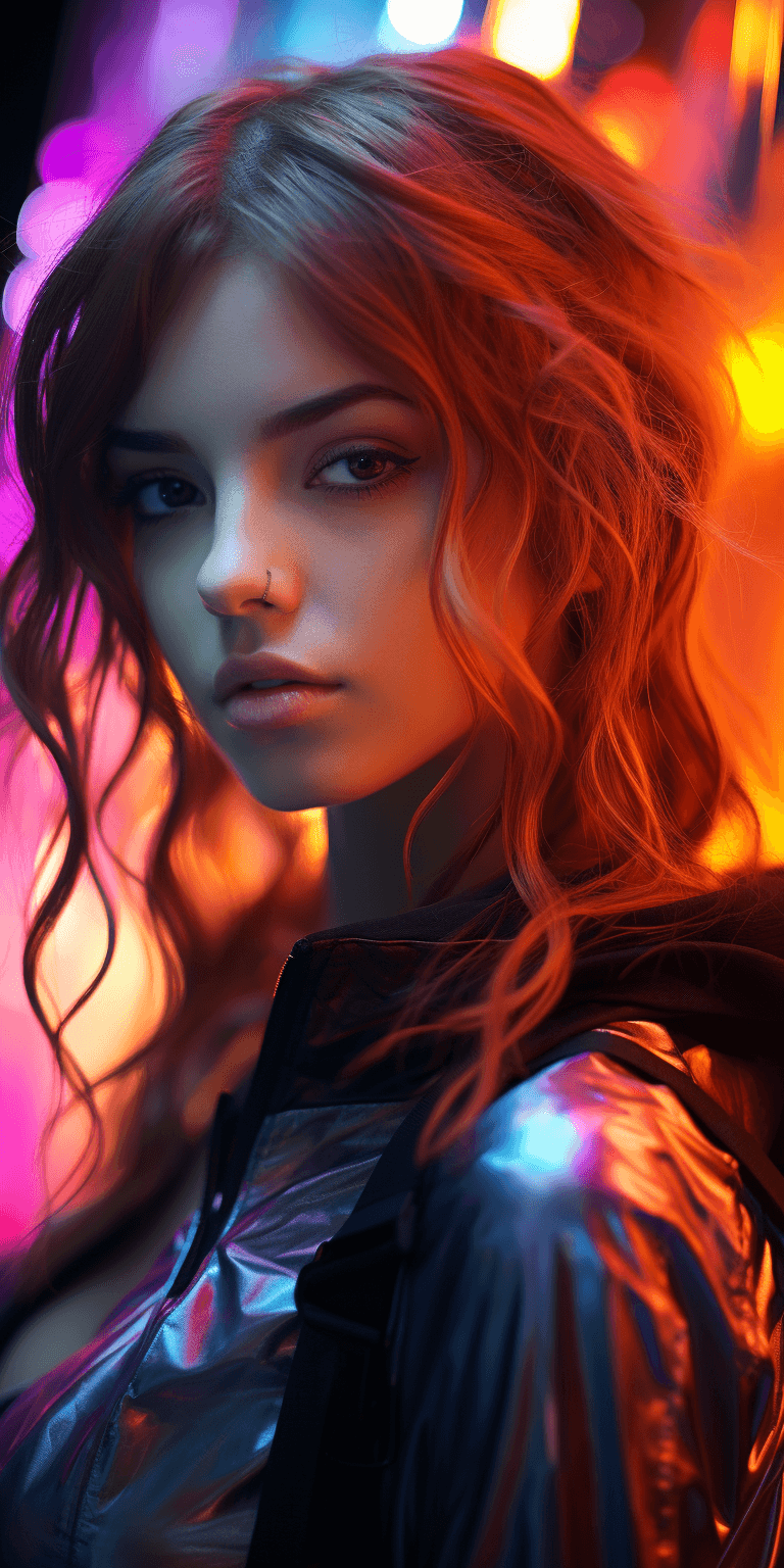 AI generated: a beautiful lightup purple girl is posing in front of her neon clothing, in the style of dark orange...