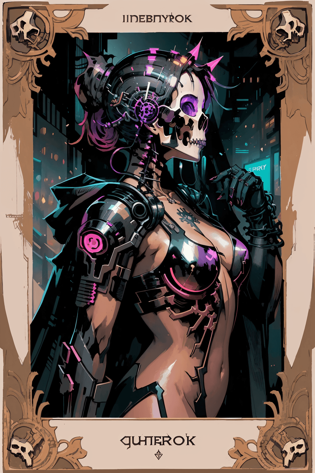 AI generated: tarot card with intricate detailed frame around the outside |side profile of cyberpunk body with cyb...