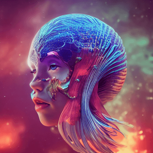 AI generated: Goddess close-up portrait ribcagel. jellyfish phoenix head, nautilus, orchid, skull, betta fish, bio...