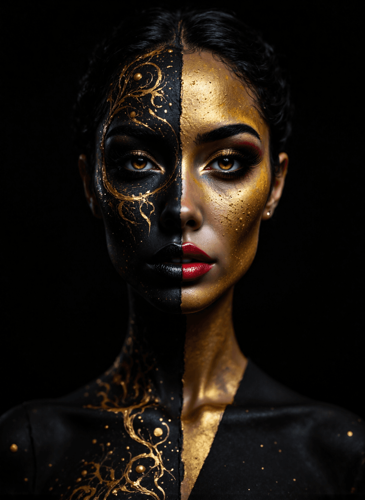 AI generated: The image depicts a striking portrait of a woman with her face painted in bold black and gold colors...