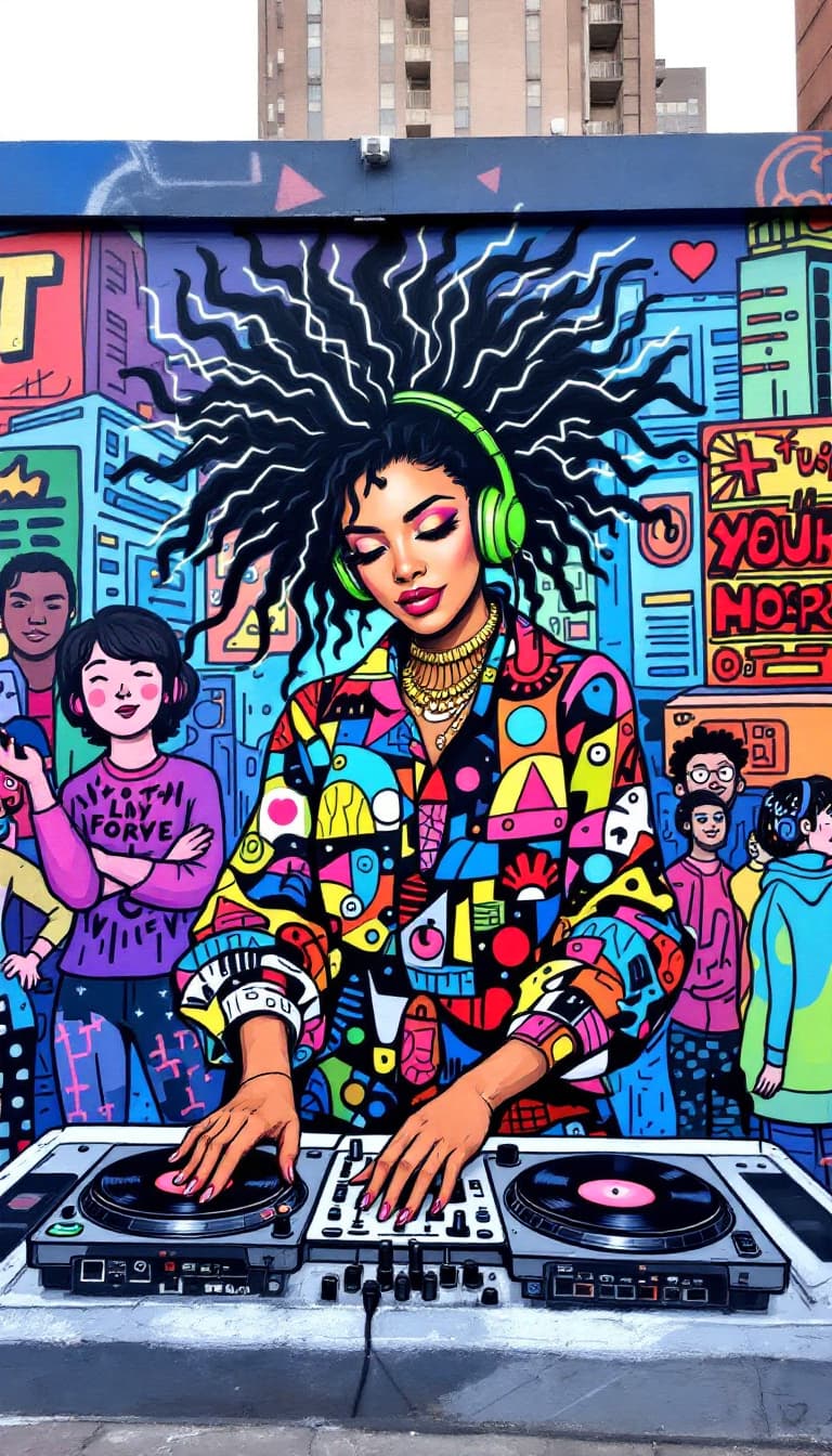 AI generated: (13) A street art mural, inspired by the vibrant graffiti of Keith Haring, depicts a female DJ spinn...