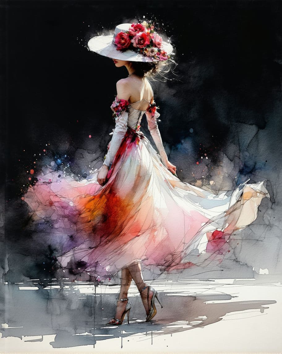 AI generated: Pintura artística a oleo de uma mulher elegante em um estilo artístico etéreo e fluido, com traços d...
