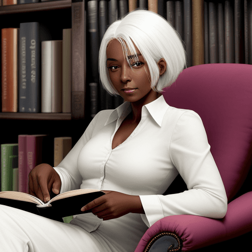 AI generated: A dark-skinned woman with white hair, is sitting on an armchair looking at a book, against the backg...