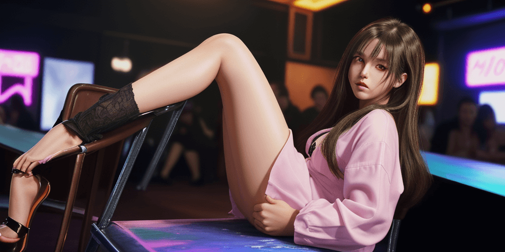AI generated: one woman at a busy night club, sitting on a chair backview, backview, looking at viewer, long brune...