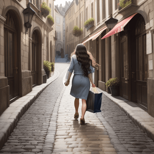 AI generated: An image of a woman with long, wavy brunette hair, walking confidently down a cobblestone street. sh...