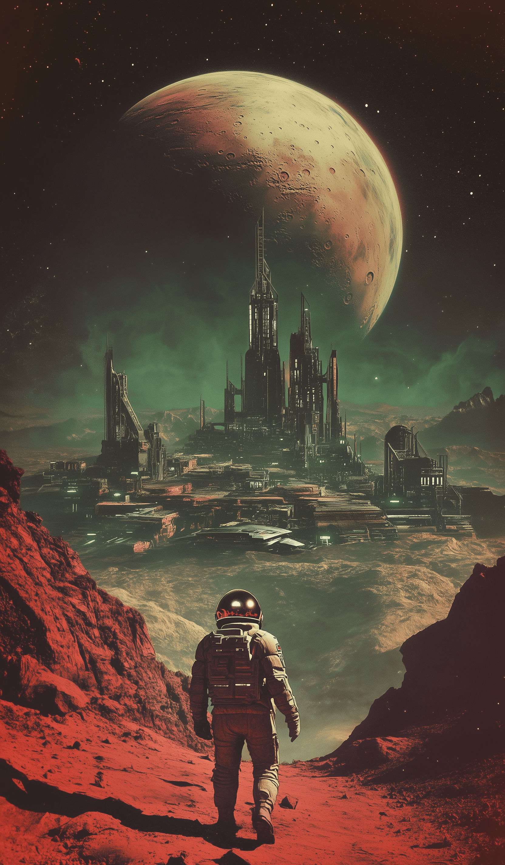 AI generated: A male astronaut in space, flying towards the planet Mars, with a red sky and green landscape, in th...