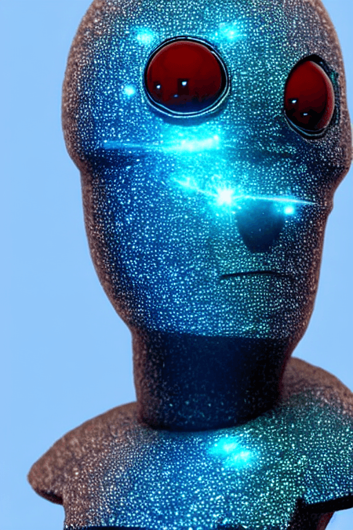 AI generated: Elon musk alien made of crystal: 2 big bang shiny and eyes, soulful eyes::planet in the background a...