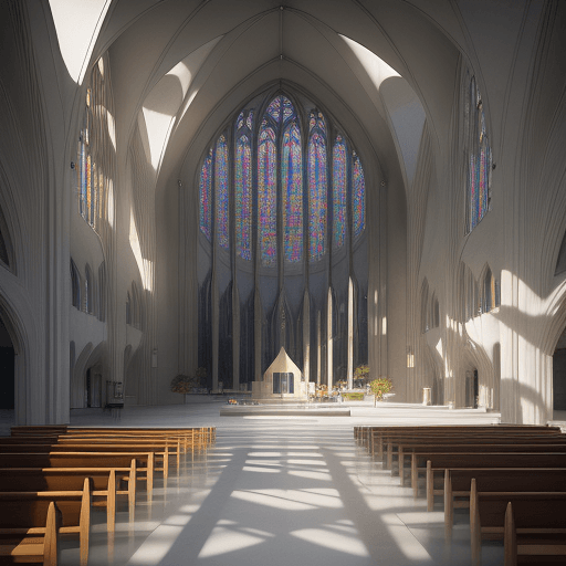 AI generated: Modern cathedral interior, expansive open space, soaring vaulted ceilings, blend of glass and stone,...