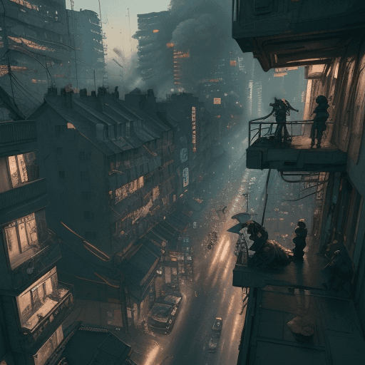AI generated: ((best quality, masterpiece, RAW photo, digital drawing, cyberpunk style )), high angle shot from ab...