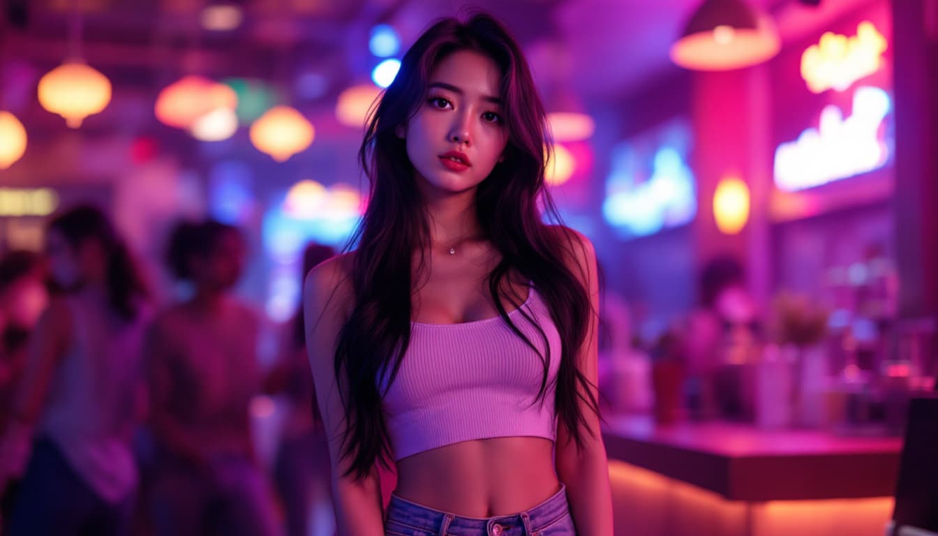 AI generated: Full body photo of Risa, a Japanese girl, wearing a cropped top and jeans, Make a solemn expression,...
