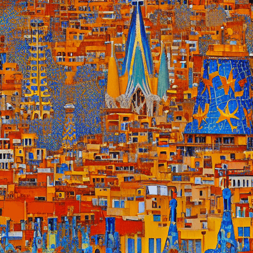AI generated: Barcelona skyline, SAGRADA FAMILIA ,Mahou, sun and beach, orange, yellow and red colors, terrace wit...