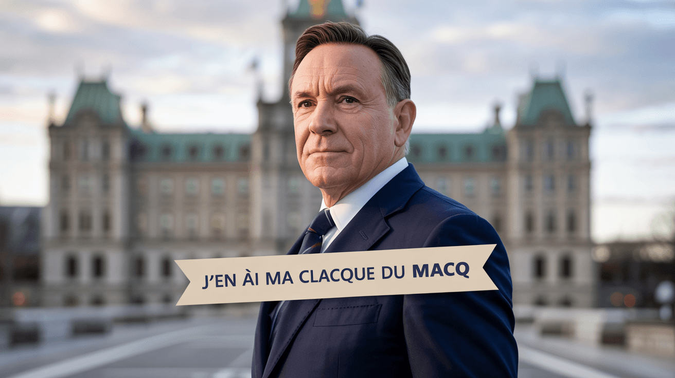 AI generated: official quebec prime minister,  francois  legeault photo    image banner and text j.en ais ma clacq...