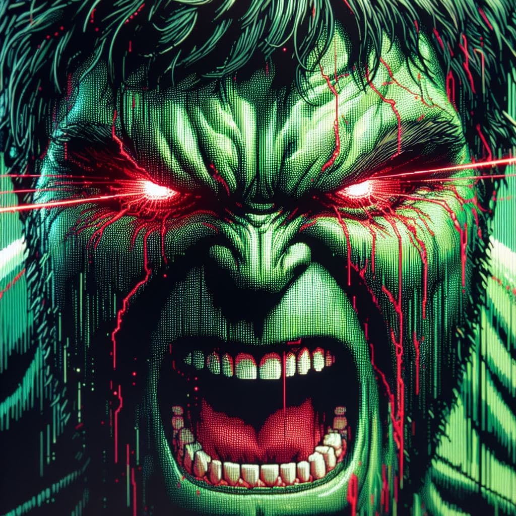 AI generated: Close-up of face of Hulk screaming, in a fit of rage, red eyes, Masterpiece, gigantic scale, green p...