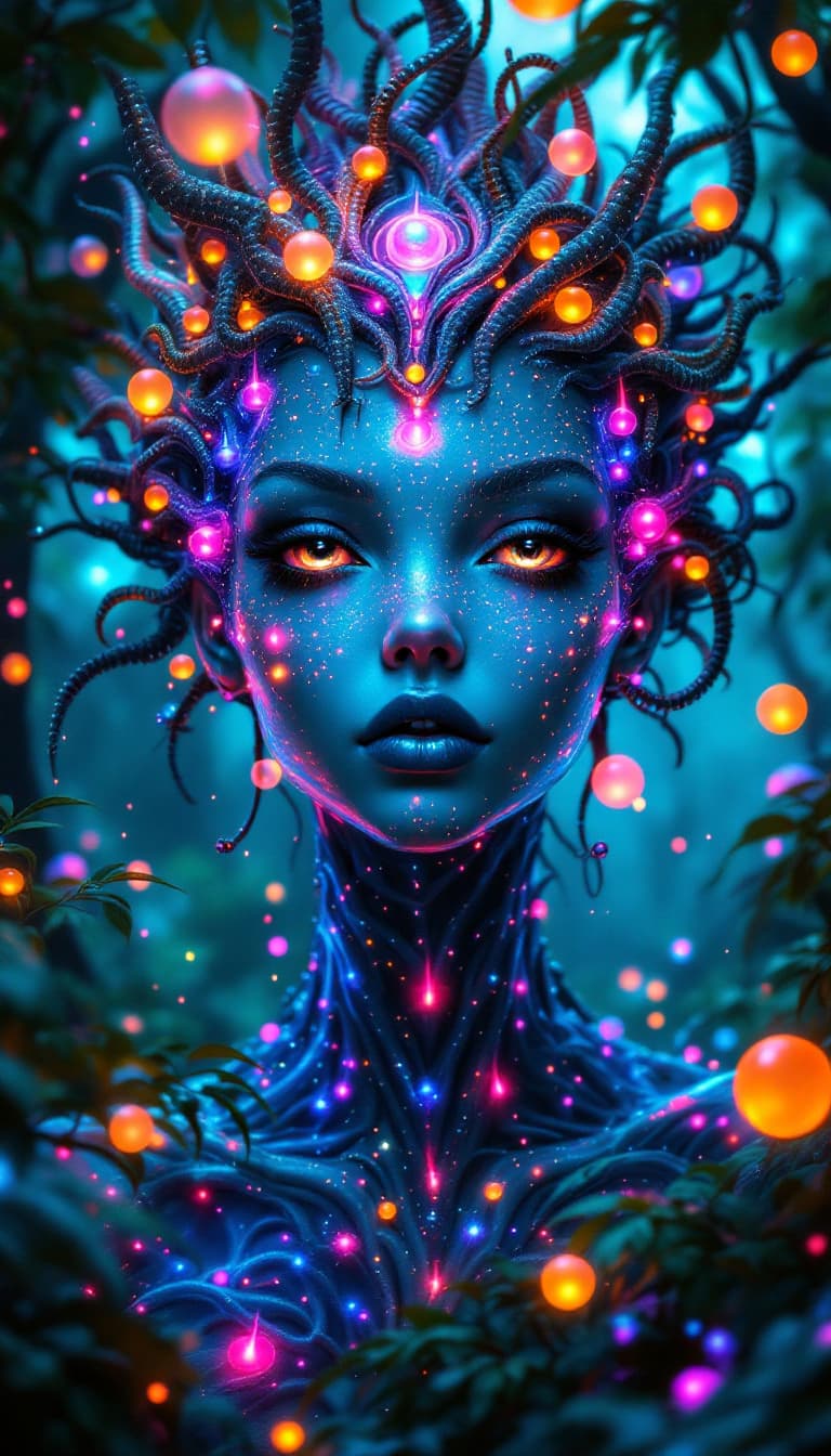 AI generated: Surreal 4k painting of a beautiful alien princess with expressive black eyes and cosmic features. He...