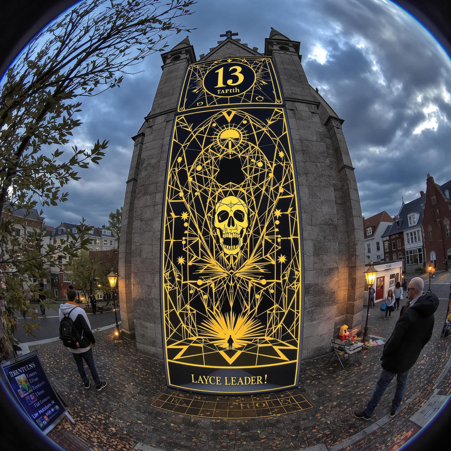 AI generated: Hyper realistic fisheye exterior photo of a tarot card “13th” gothic style ,overlooking the scene, c...
