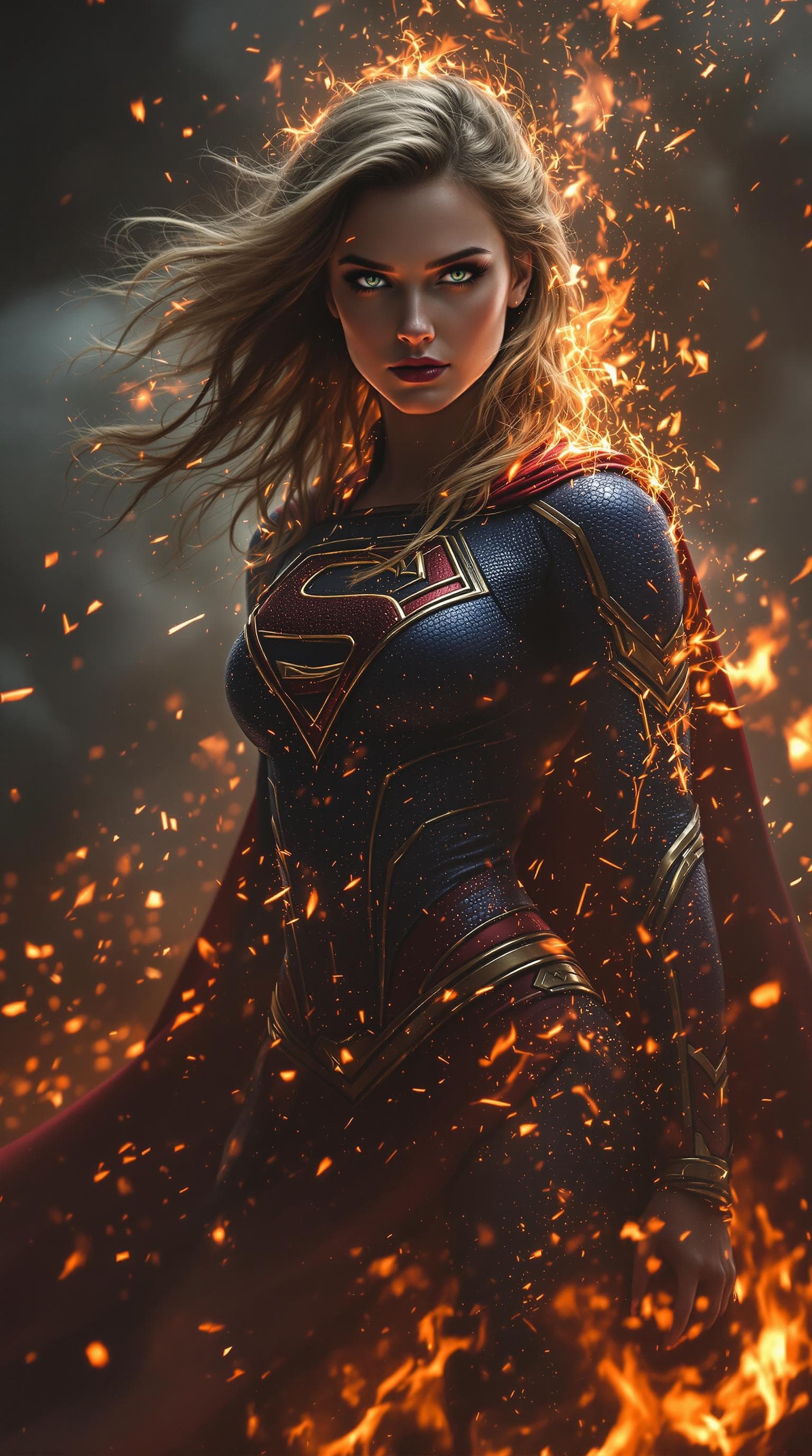 AI generated: Envision a fully body portrait of a supergirl  rising from the ashes, villain, burning, sharp focus,...