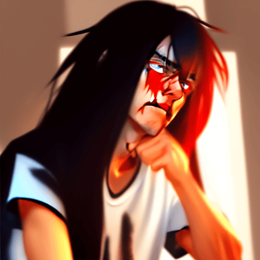 AI generated: 1boy, attractive, red_pupils, black_hair, long_hair, messy_hair, bangs, hair_between_eyes, stubble, ...