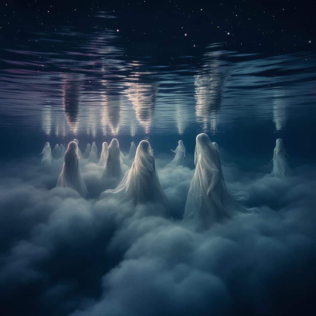 AI generated: A serene yet unsettling scene of multiple ethereal figures floating in a dark, glass-like lake at tw...