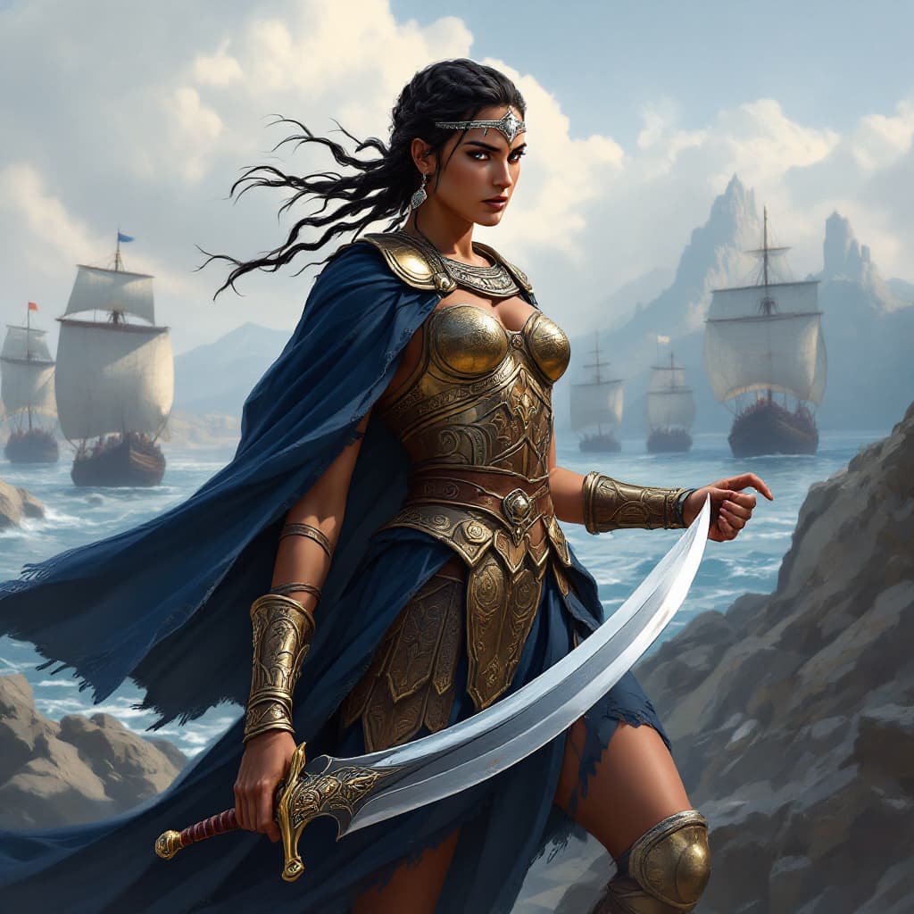 AI generated: a digital painting of Queen Teuta of Illyria stands on the rocky shore, watching Roman ships approac...
