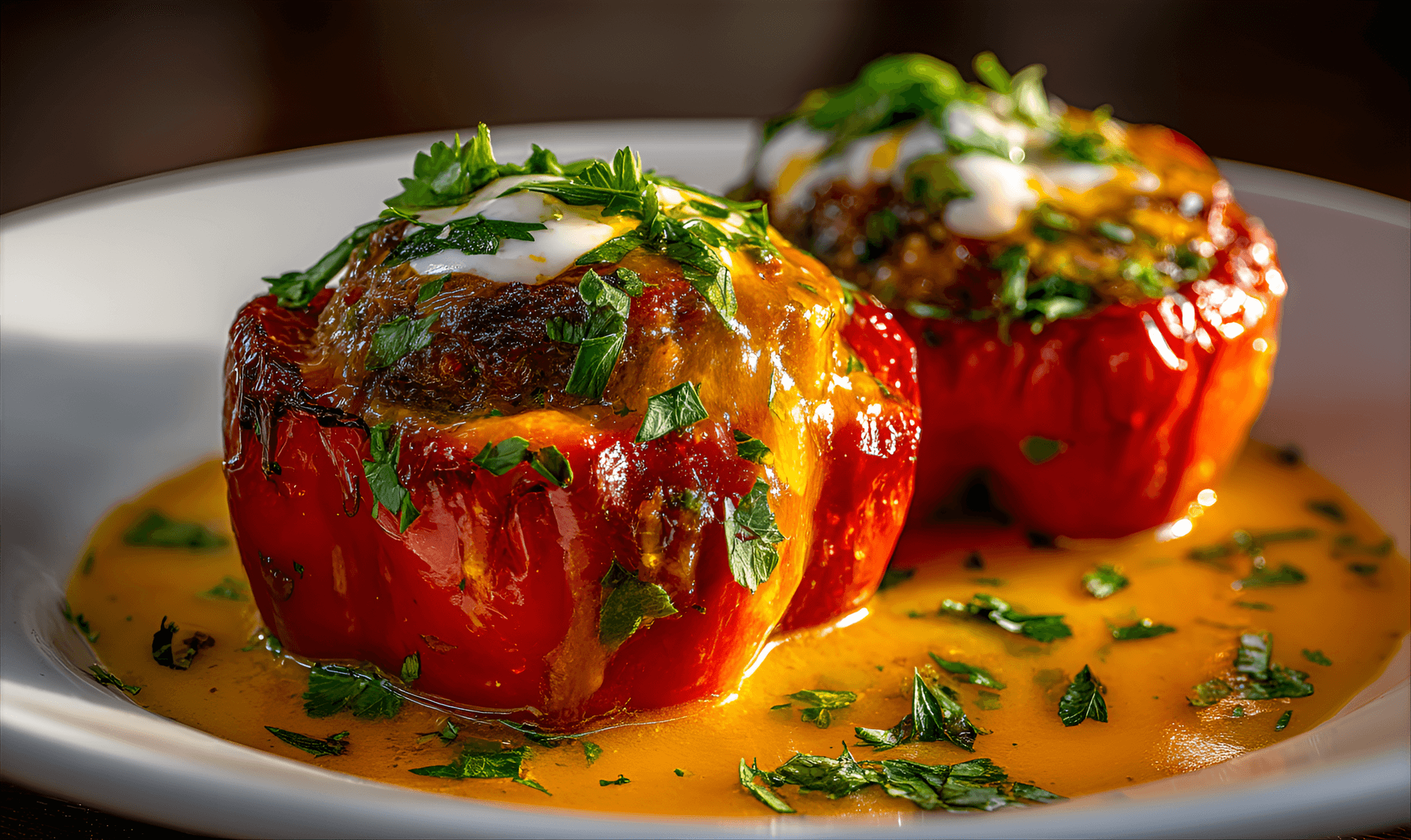 AI generated: Two stuffed bell peppers on a white plate, close-up,  rich red bell peppers filled with a savory mix...