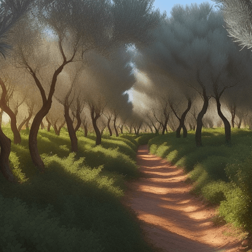 AI generated: A forest full of olive trees, shades of green, a distant sea and the morning sun
