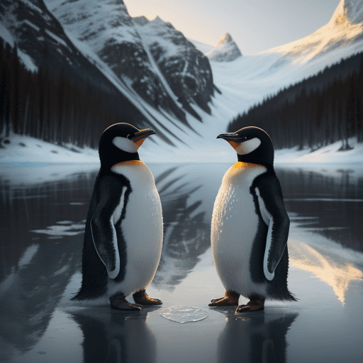 AI generated: pair of magical young penguins by a frozen lake, looking at the earth, reflection on lake, realistic...