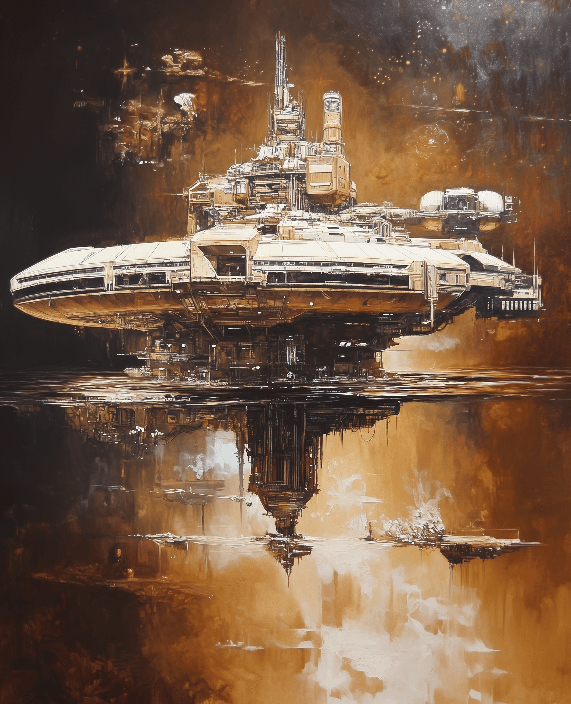 AI generated: A brown painting of the Terran Command Center from StarCraft, floating in water, in the style of Joh...