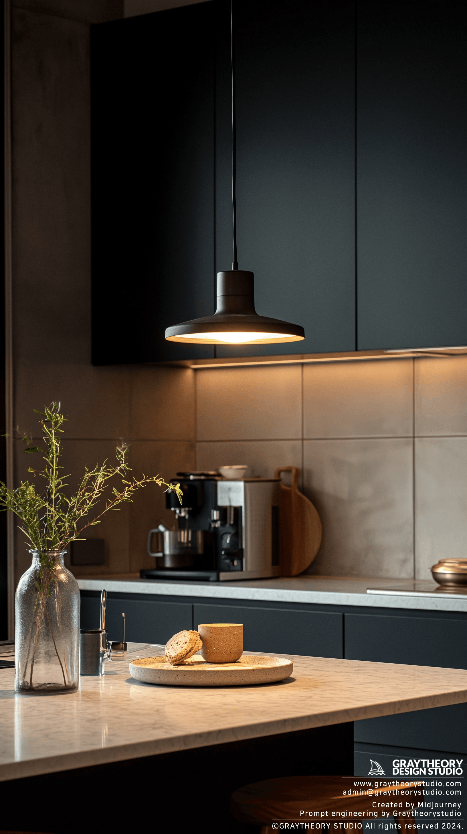 AI generated: modern kitchen, in the pre-dawn light, sleek finishes, with a Pantone palette of Deep Ocean, Steel G...