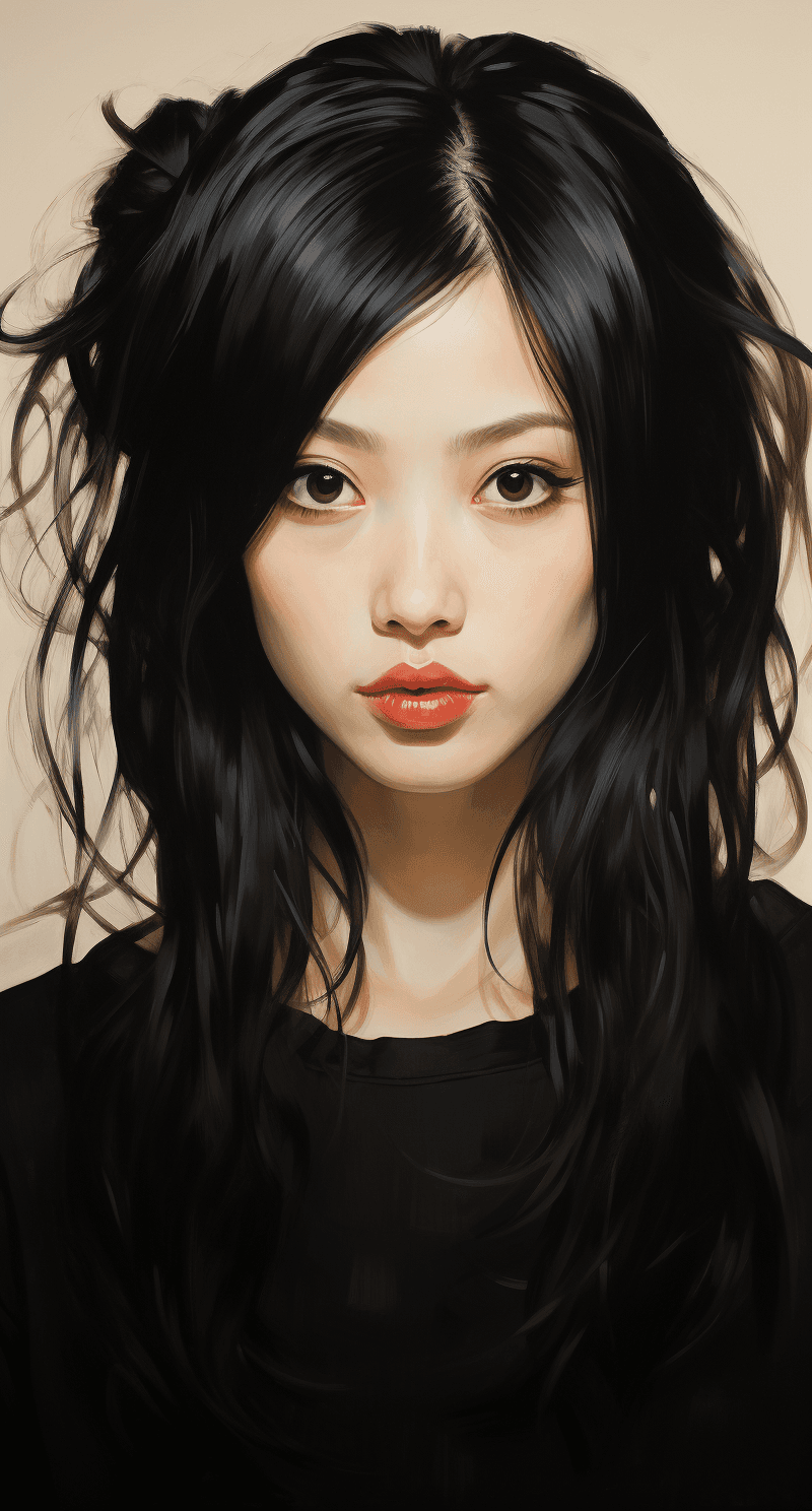 AI generated: a black painting of a woman with black hair, in the style of photo-realistic drawings, chinese brush...
