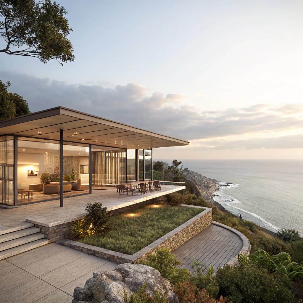 AI generated: Hyper realistic eye level exterior photo of a mid century modern style house overlooking the ocean, ...