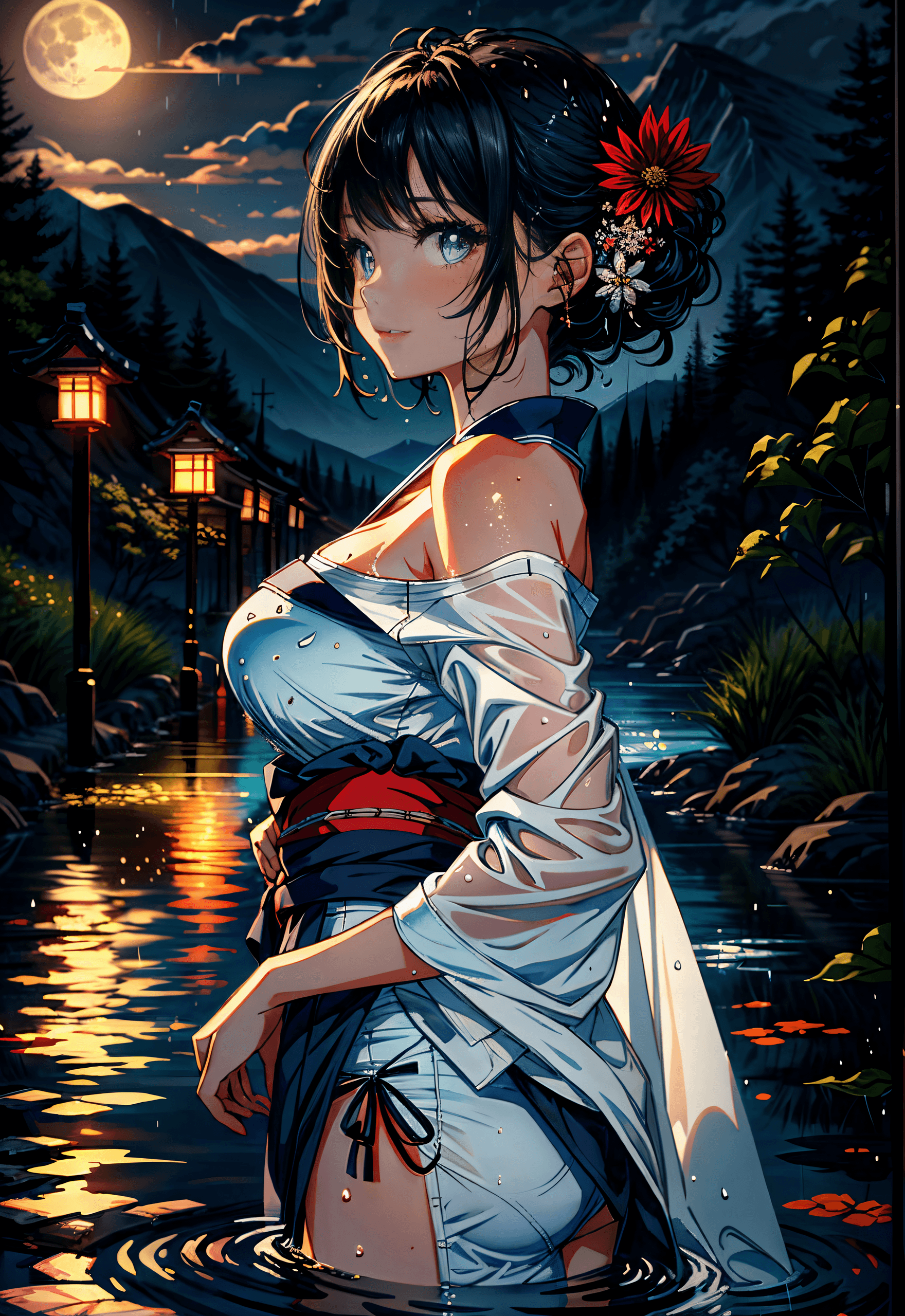AI generated: (masterpiece , ultra-detailed:1.3) , 1girl, solo, medium breasts, moon, lantern, night, large breast...