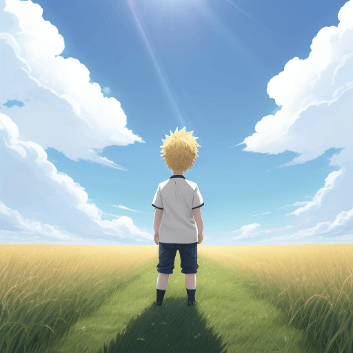 AI generated: An anime blue sky with tall clouds and sun shining with a large field of grass. A chibi boy with blo...