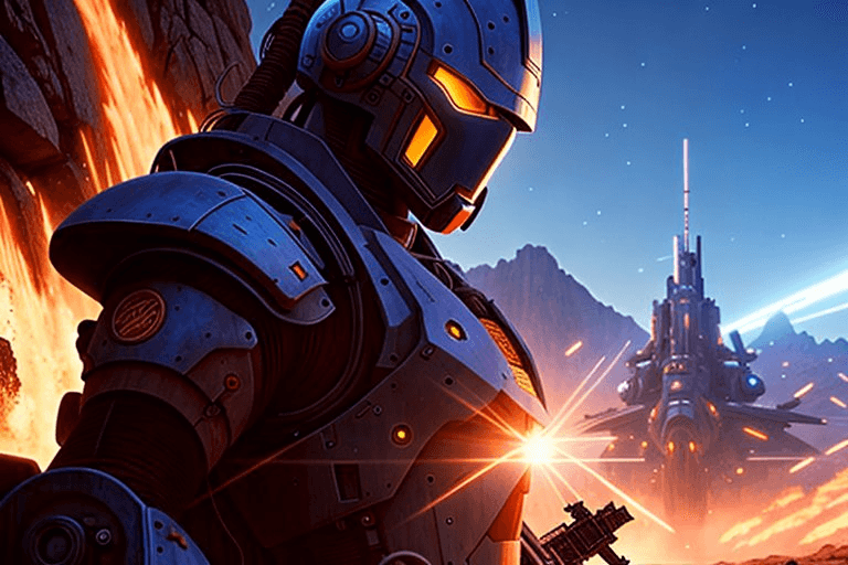 AI generated: art by Jean Giraud, Digital artwork, Mech warrior in futuristic battlefield, Bathed in shadows, FOV ...