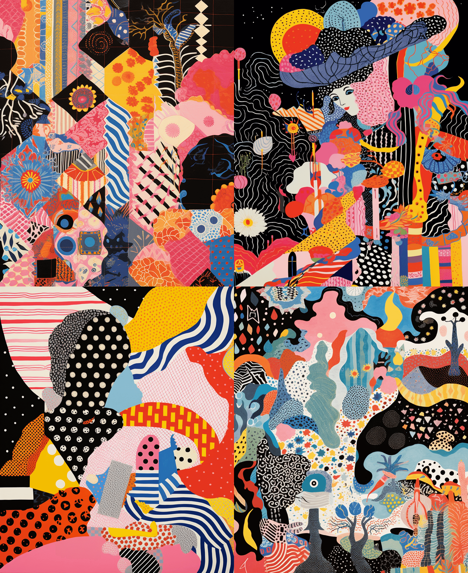 AI generated: A patchwork of colorful patterns and shapes with, in the style of Don Blanding. --ar 97:118 --v 5.2