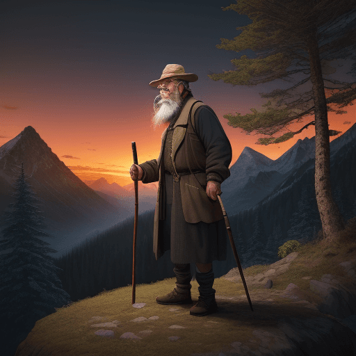 AI generated: (A lonely wanderer against the background of mountains) an old man with a beard and a staff, forest ...