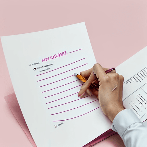 AI generated: /imagine prompt: A man is writing at his desk. / The paper has a large résumé on it/color and is cru...