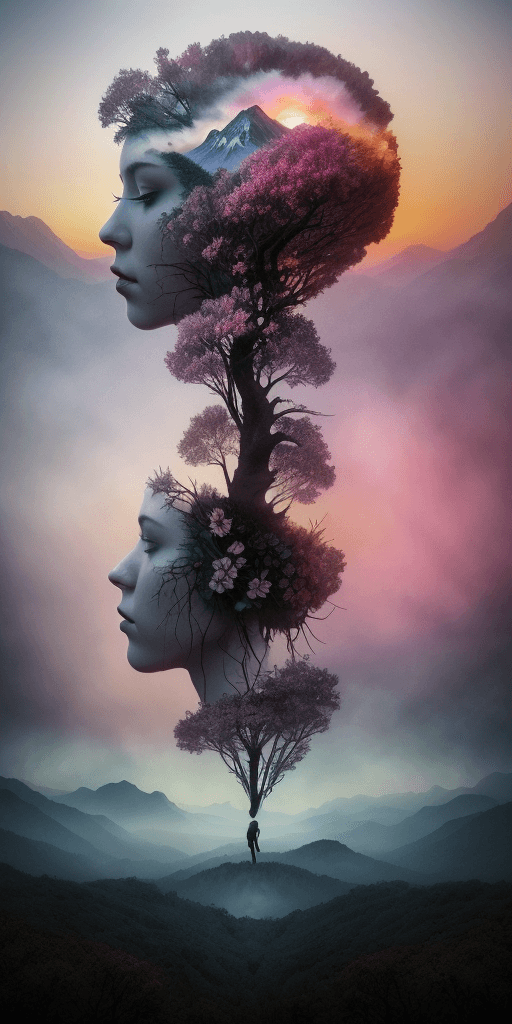 AI generated: Nature exploding out a humans head, trees, flowers, mountain, sunset, nature mind, expressive creati...
