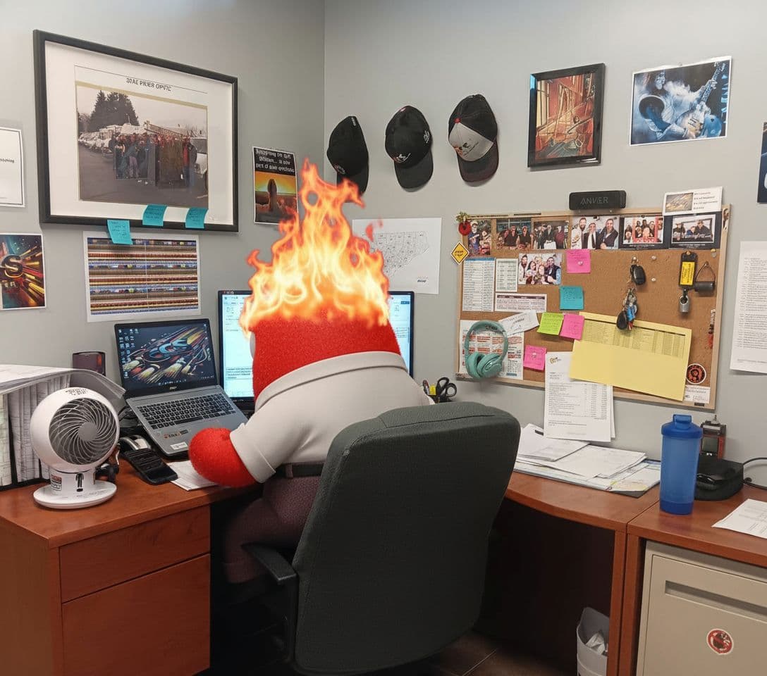 AI generated: create an entirely new image. 8k ULTRA HD IMAGE WITH THE RED MAN IN AN OFFICE SETTING. USE THE OFFIC...
