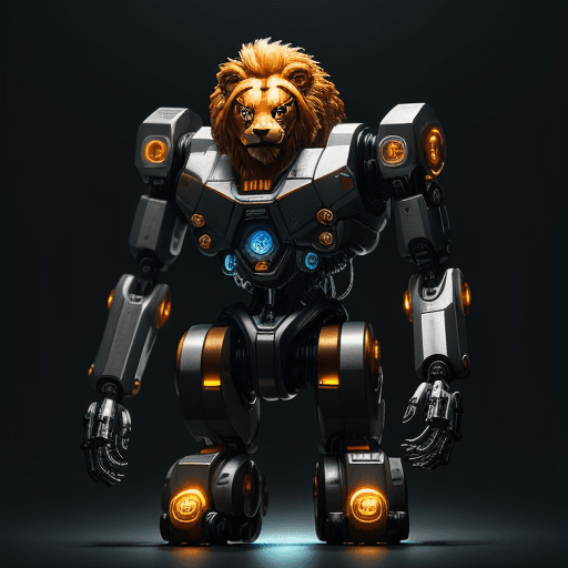 AI generated: create a cute toy lion, cyborg, made with mechanical parts, mechanical body, shiny, cyberpunk, refle...