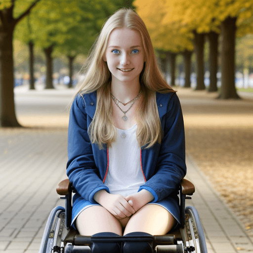AI generated: 22 year old german girl, long dark blonde hair, blue eyes, shy smile, necklace, sitting in wheelchai...