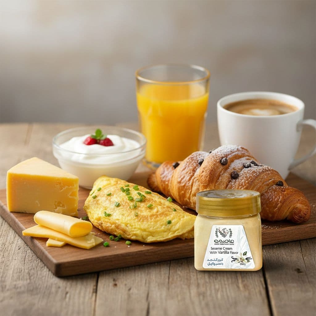 AI generated: healthy breakfast consisting of a chocolate chipped croissant, omelet, my object, cheese, yoghurt, o...