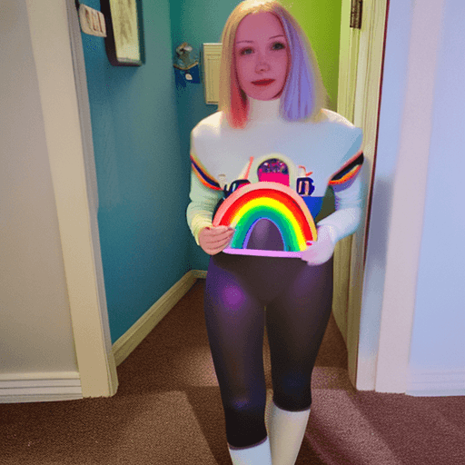 AI generated: petite blonde kenzie reeves wearing a  (ABDL) diaper and a rainbow tshirt at home, ABDL stockings , ...
