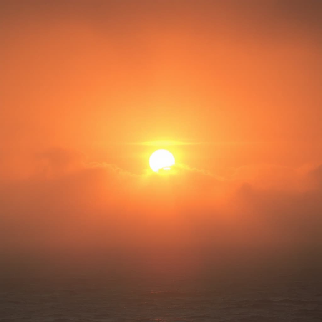 AI generated: The sun behind mists as it appears above the ocean at day break