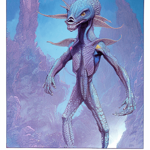AI generated: a blue scaly short alien imagined by Moebius --v 4