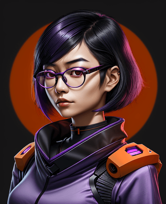 AI generated: young Asian thoughtful woman, shoulder-length purple and black hair, nerd, techie, a orange pair of ...
