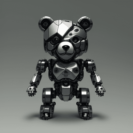 AI generated: create a cute toy bear, sharp focus, cyborg, made with mechanical parts, mechanical body, shiny day