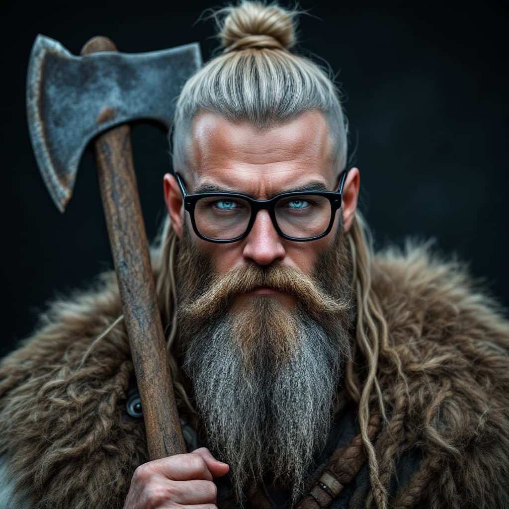 AI generated: Photo of a ultra realistic Viking with sword and axe, long hair gathered in a bun, ash blond hair, l...