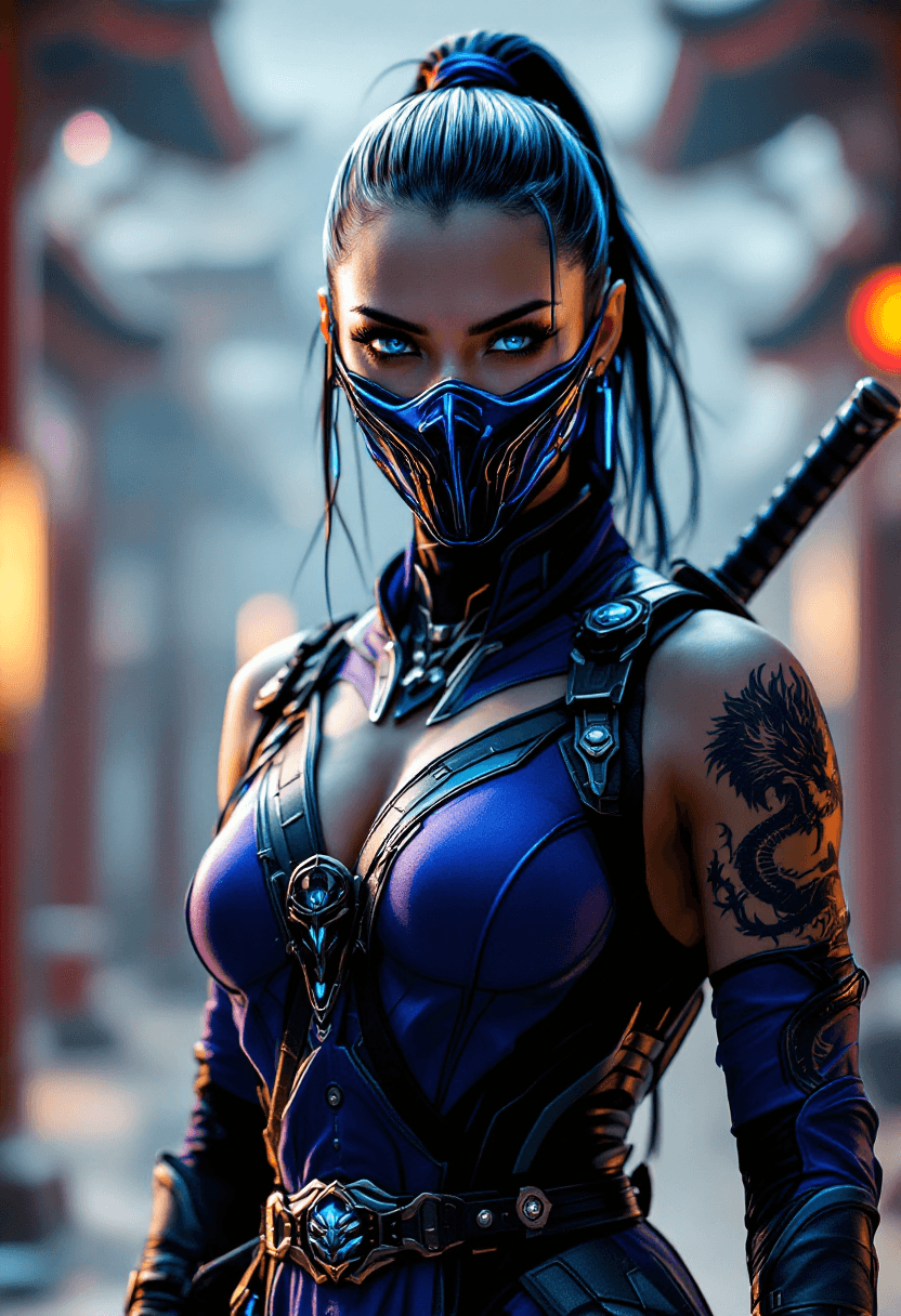 AI generated: Ultra realistic cyberpunk Kitana Mortal Kombat character wearing an intricate warrior suit blue with...