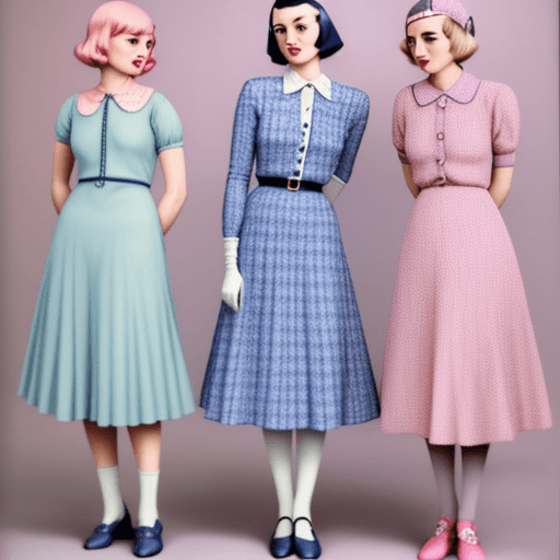 AI generated: A vintage fashion magazine page featuring three women wearing simple blue and pink checkered, stripe...