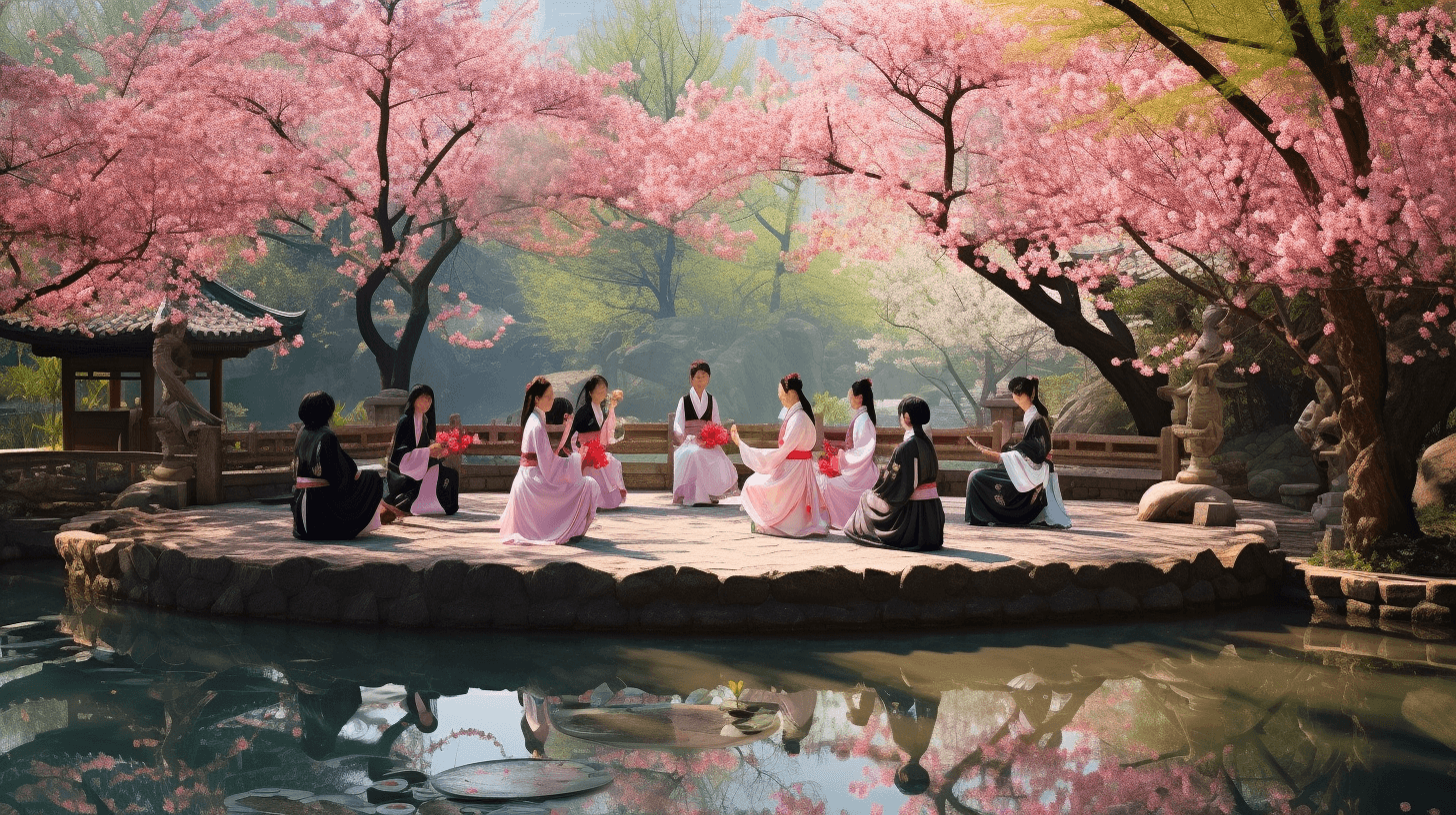 AI generated: In a traditional Chinese garden, martial arts characters dressed in elaborate Hanfu robes engage in ...